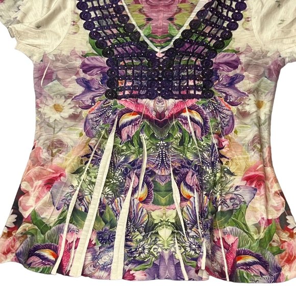 One World Tunic Top Womens PS Cap Sleeve Floral Embellished Pleated V-Neck - Picture 3 of 10